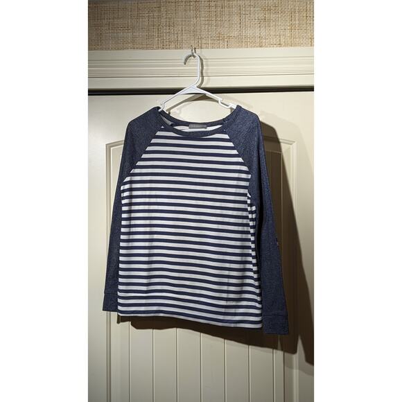 Loveappella Malbec Elbow Patch Blue Striped Knit Top Womens Sz M - Picture 11 of 12